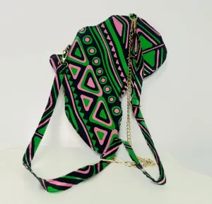 Africa-Shaped Crossbody Bag (PU Leather & Kente Fabric)