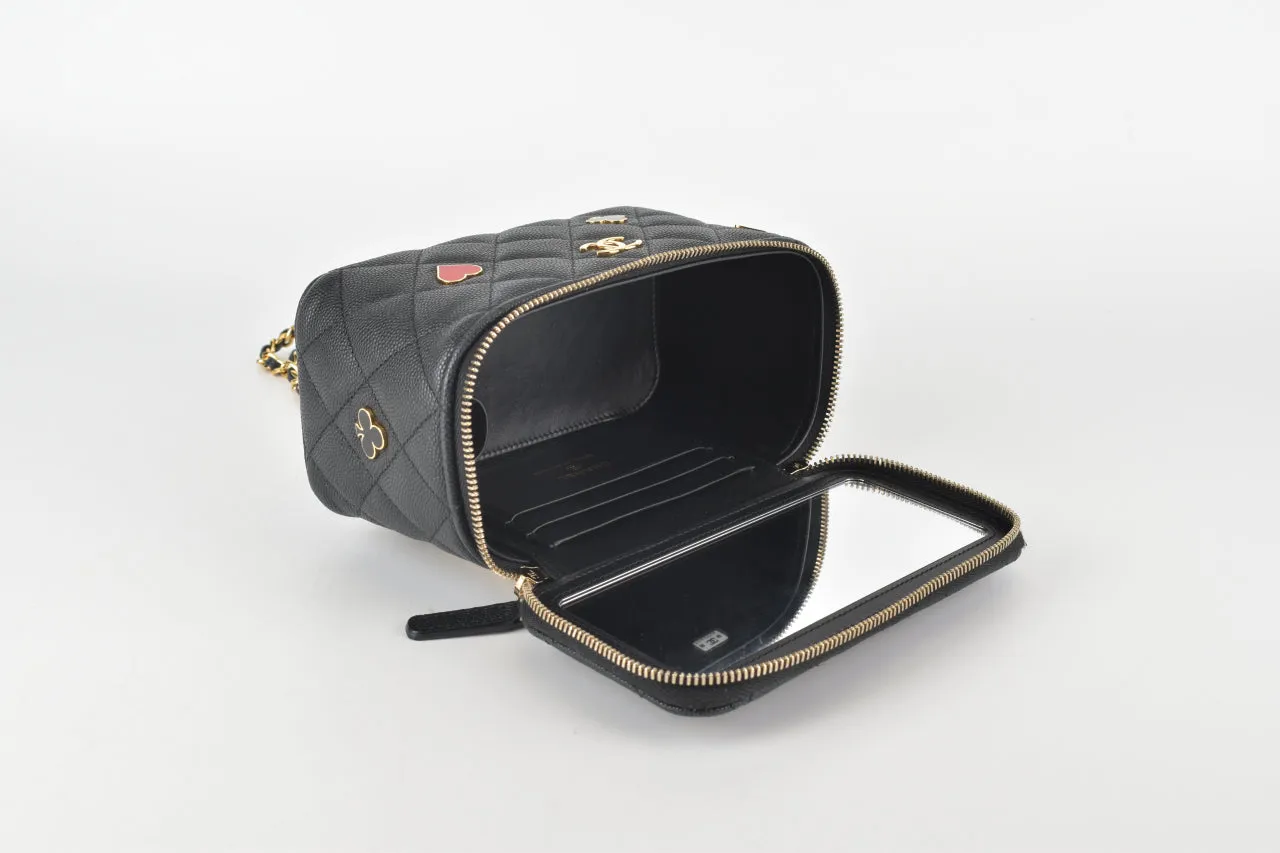 AP3079 23C Black Caviar Vanity Case with Enamel & Gold-Tone Metal Chain