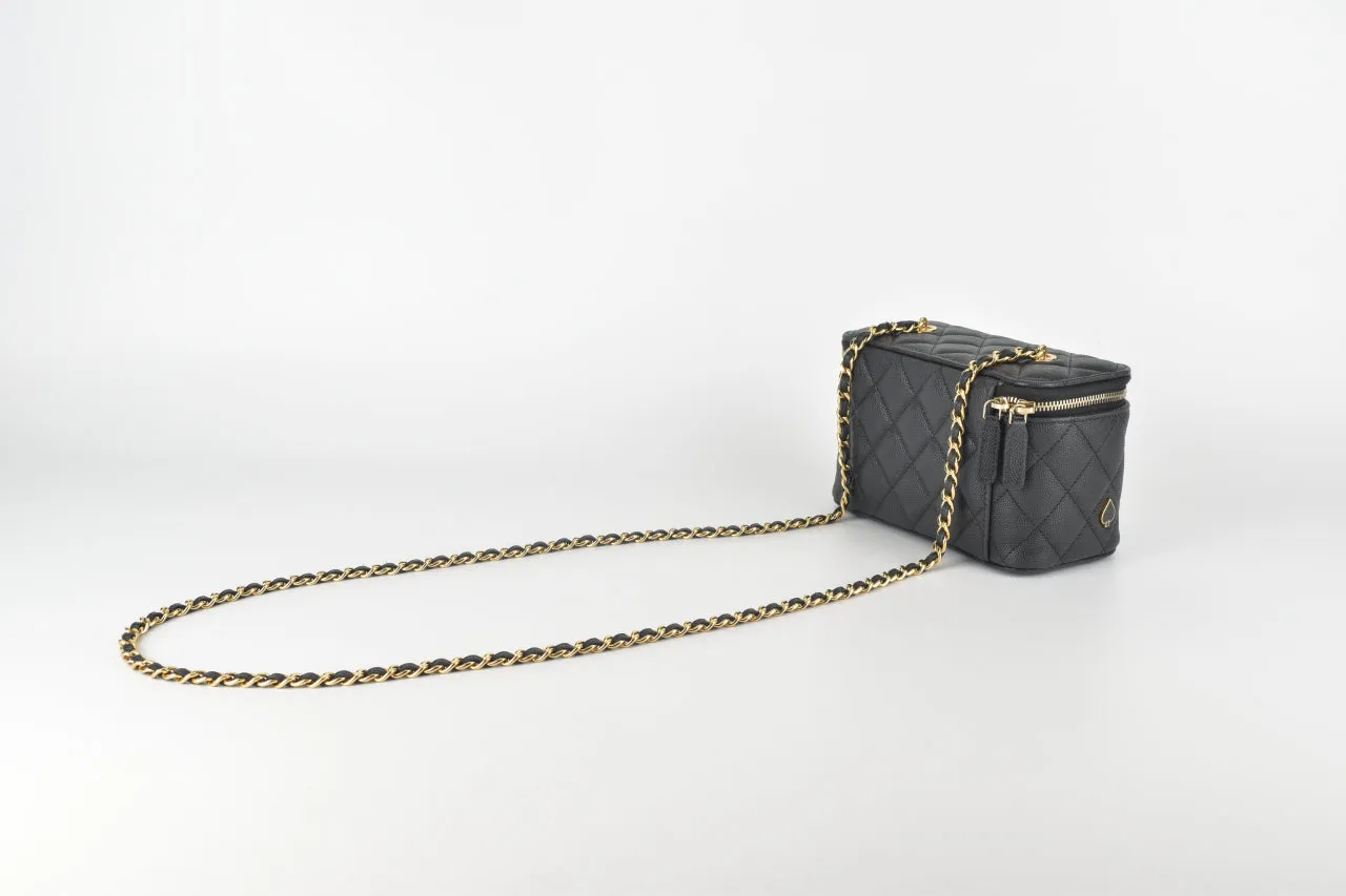 AP3079 23C Black Caviar Vanity Case with Enamel & Gold-Tone Metal Chain