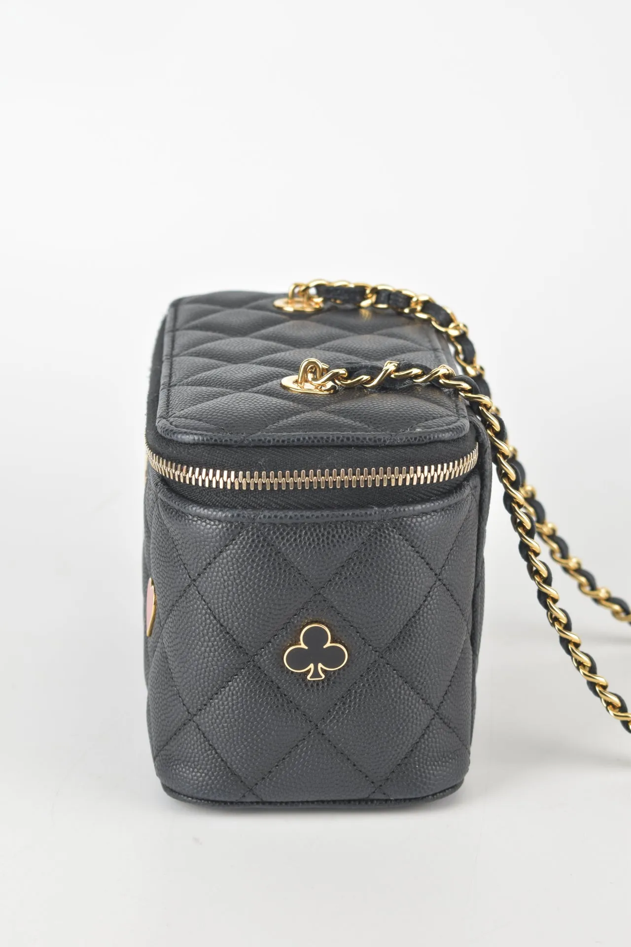 AP3079 23C Black Caviar Vanity Case with Enamel & Gold-Tone Metal Chain