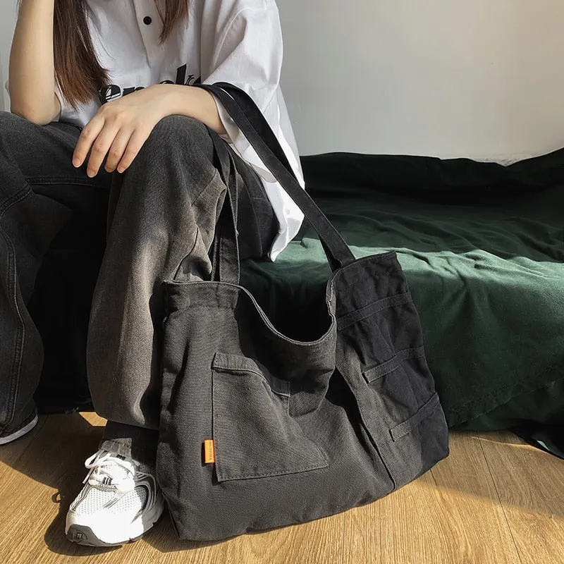 Back To College Deanwangkt New Fashion Women Bag Large Capacity Casual Shoulder Bags Solid Color Daily Shopping Bags Canvas Students Schoolbag