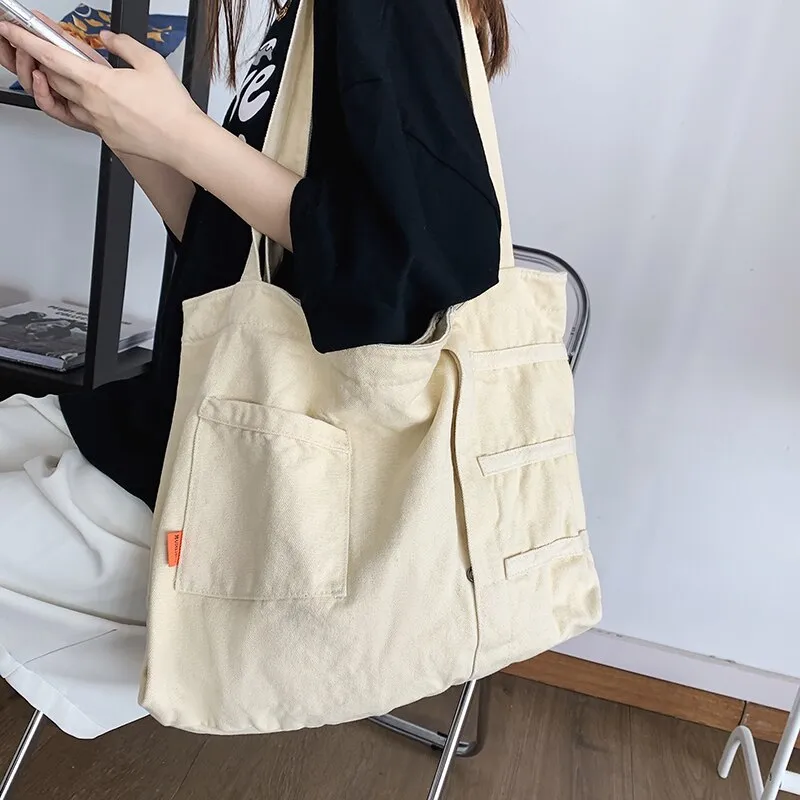 Back To College Deanwangkt New Fashion Women Bag Large Capacity Casual Shoulder Bags Solid Color Daily Shopping Bags Canvas Students Schoolbag