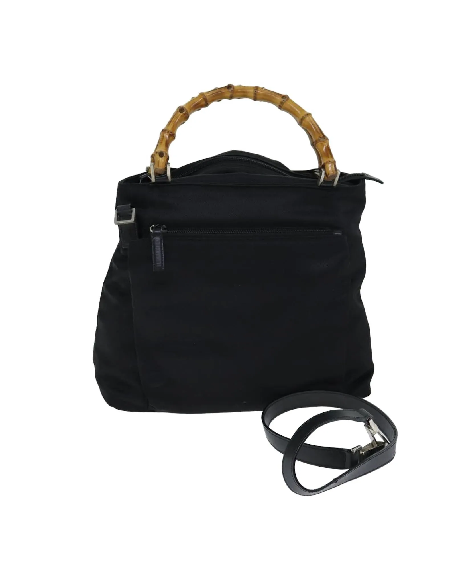 Bamboo Handle Nylon Hand Bag with Shoulder Strap