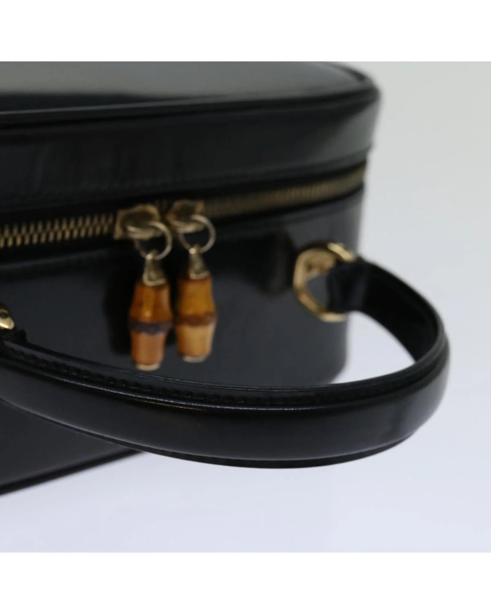 Black Patent Leather Hand Bag with Metal Fittings