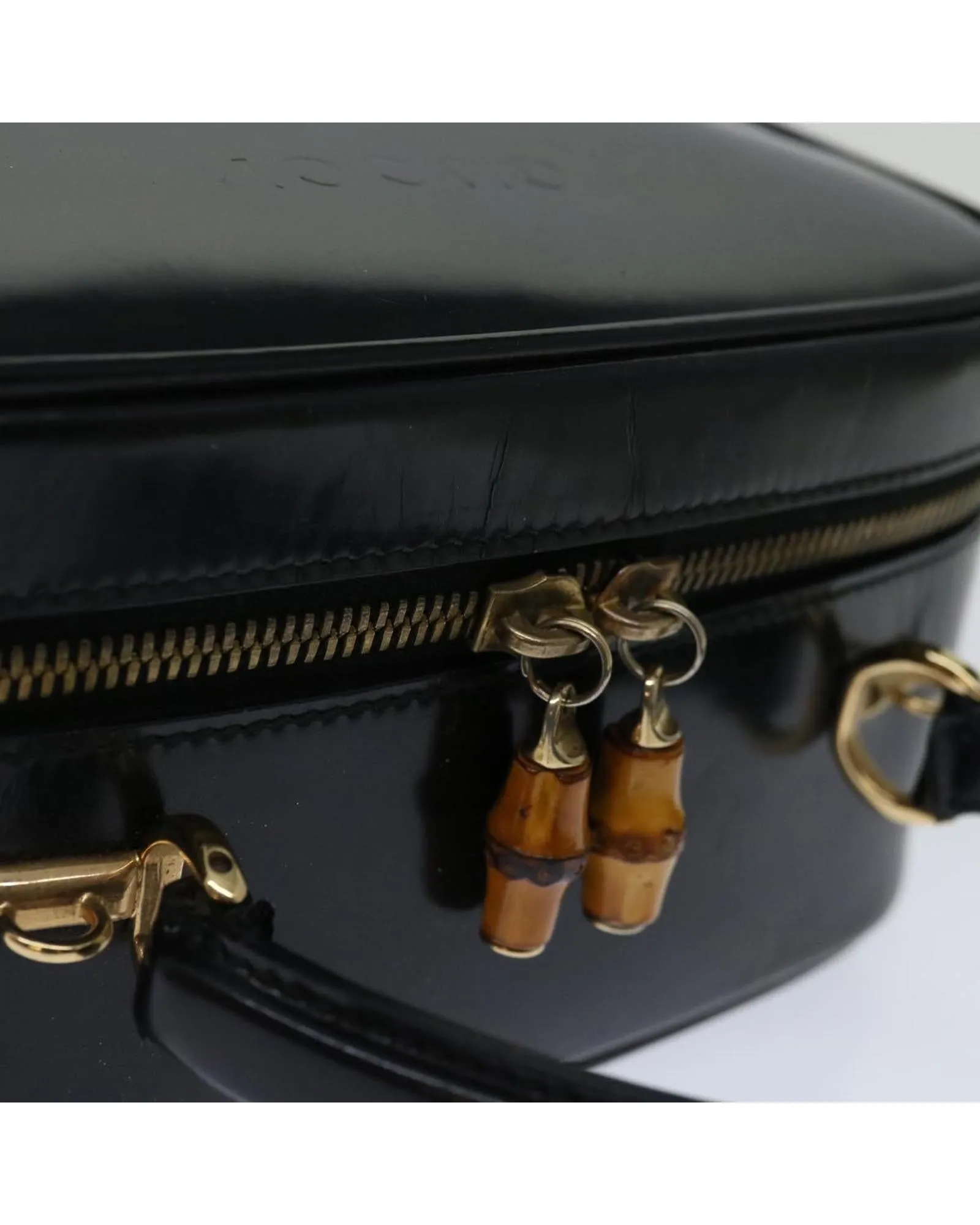 Black Patent Leather Hand Bag with Metal Fittings