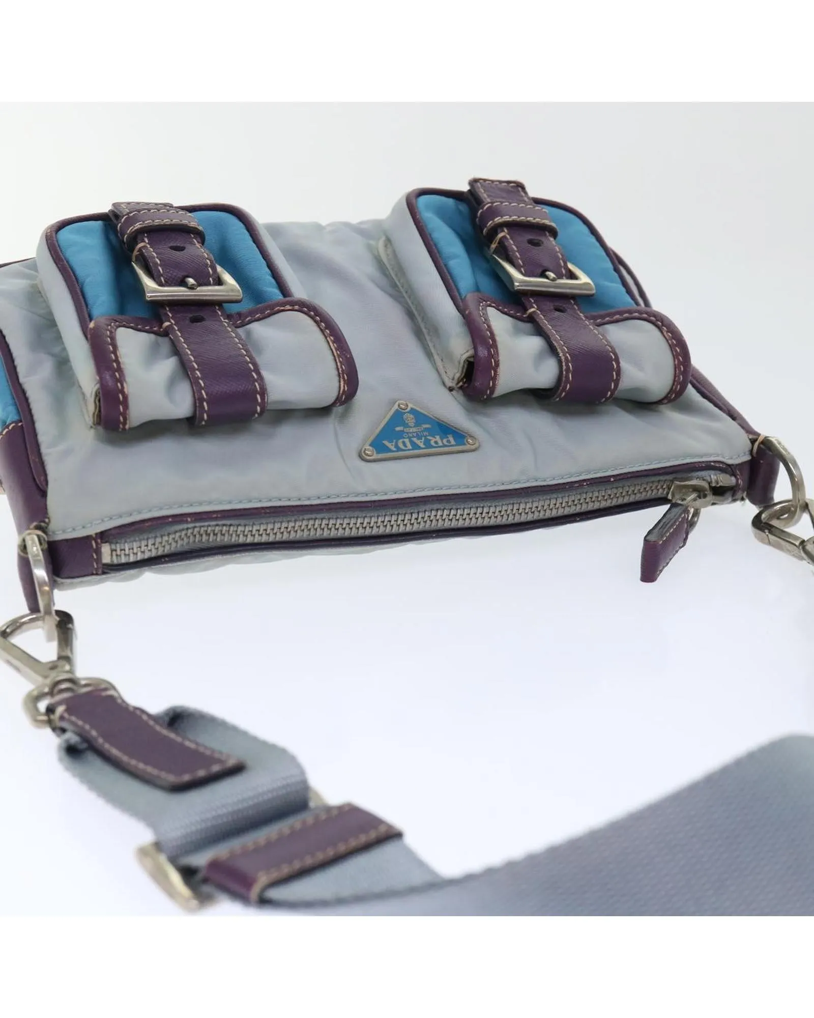 Blue Nylon Leather Shoulder Bag