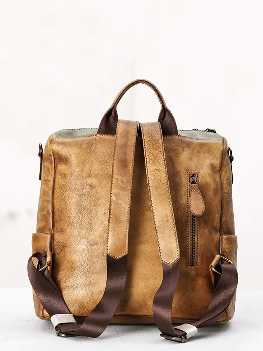 Casual Travel Color Matching Leather Backpack