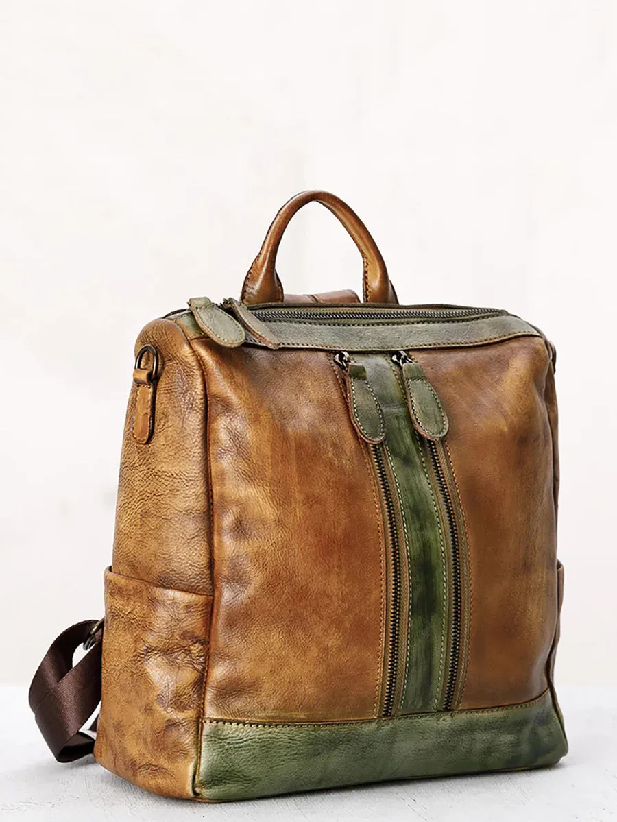 Casual Travel Color Matching Leather Backpack