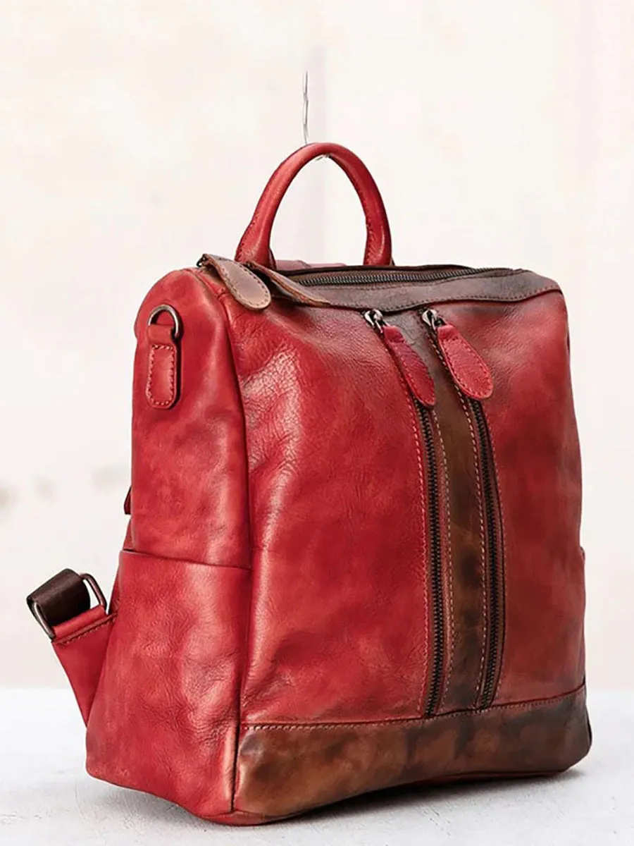 Casual Travel Color Matching Leather Backpack