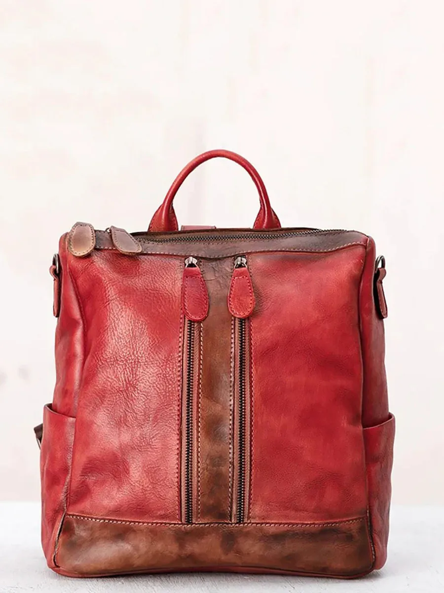 Casual Travel Color Matching Leather Backpack