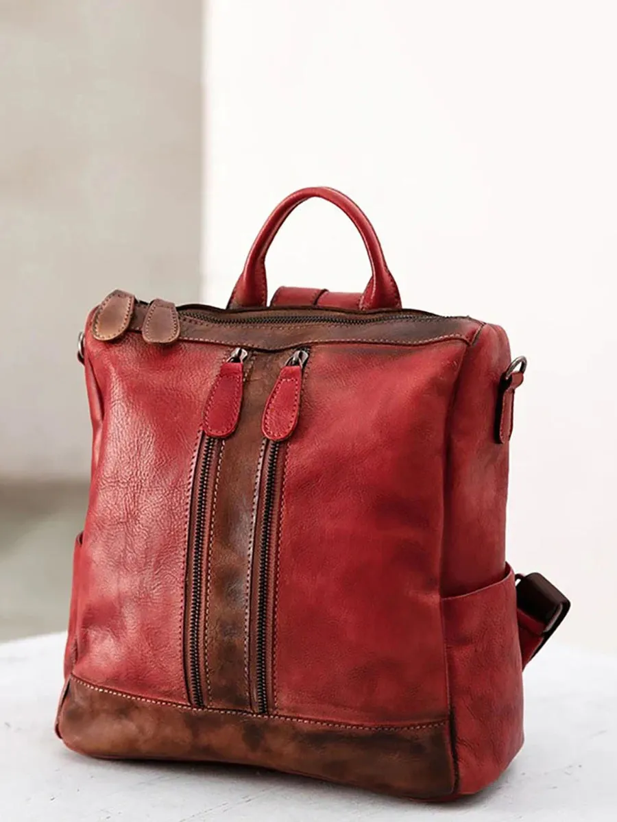 Casual Travel Color Matching Leather Backpack