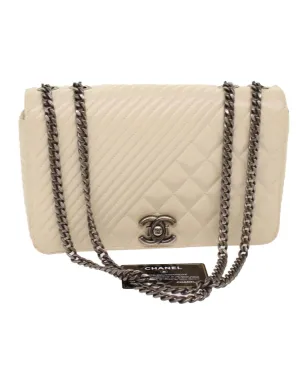 Chevron Matelasse Chain Shoulder Bag Lamb Skin White