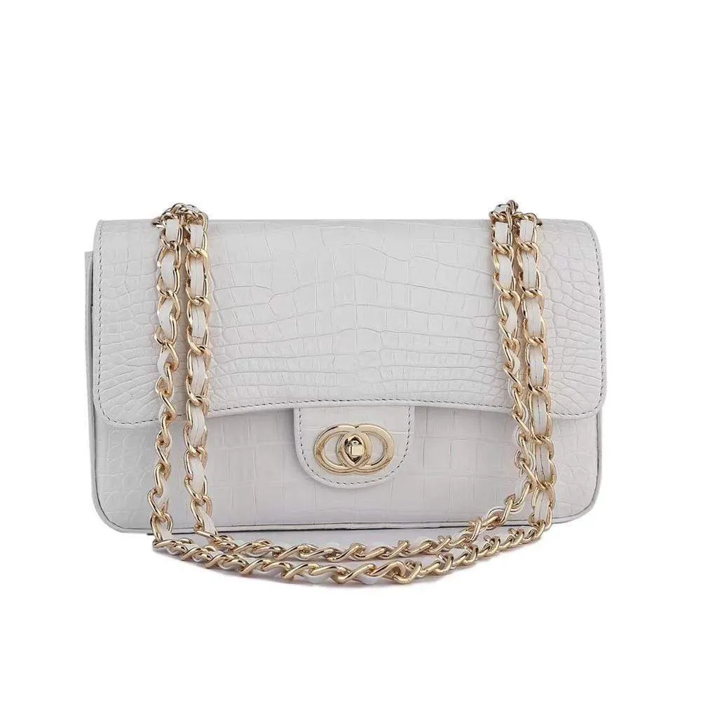 Crocodile  Leather Classic Flap Chain Shoulder Bags For Women White