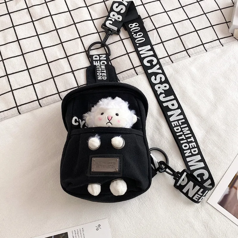 deanwangkt Cute Plush Toy Inside Chest Bag For Women Casual Canvas Bag Women Crossbody Bags Letter Print Strap Shoulder Bag Women Bolso Sac