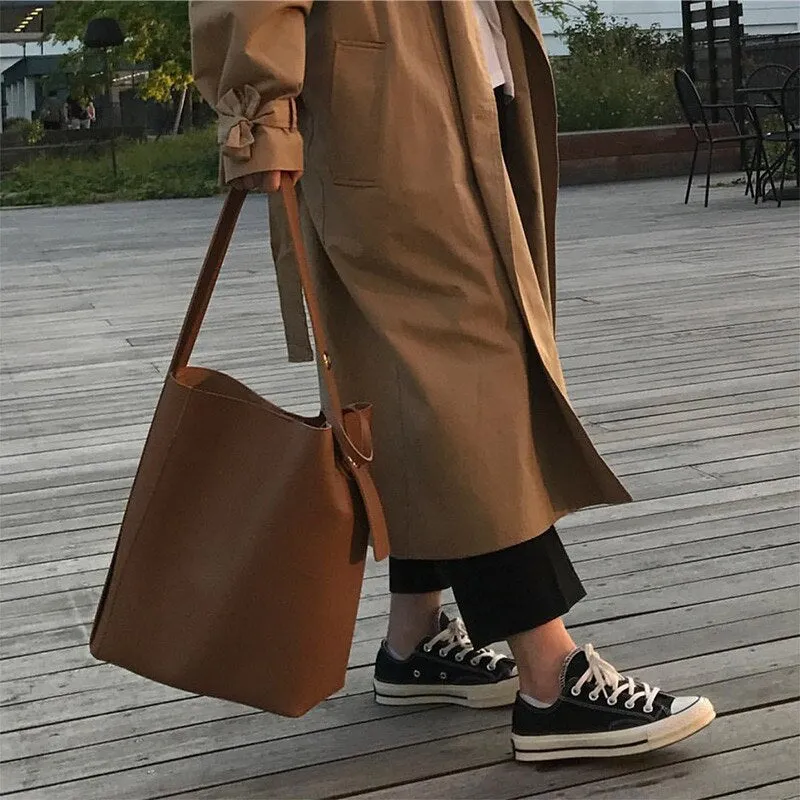 deanwangkt Women Fashion Bucket Bag Women's Simple Style PU Leather Shoulder Bag Handbags Female Casual Black/brown Color Bags Large Totes