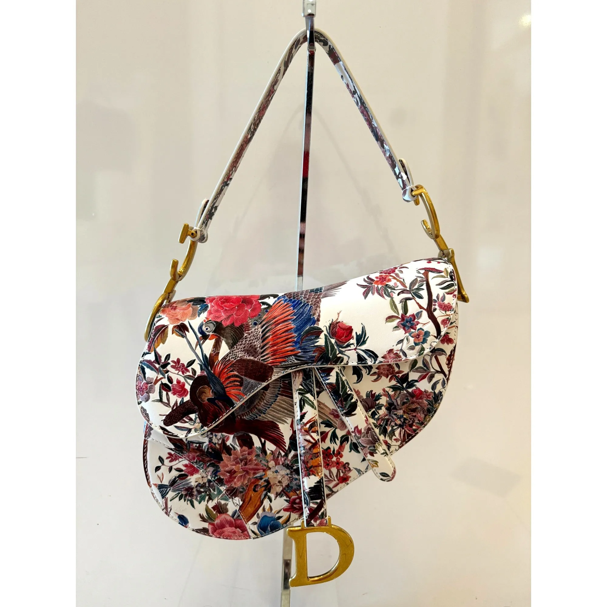 Dior Floral and Bird Print Leather Saddle Bag