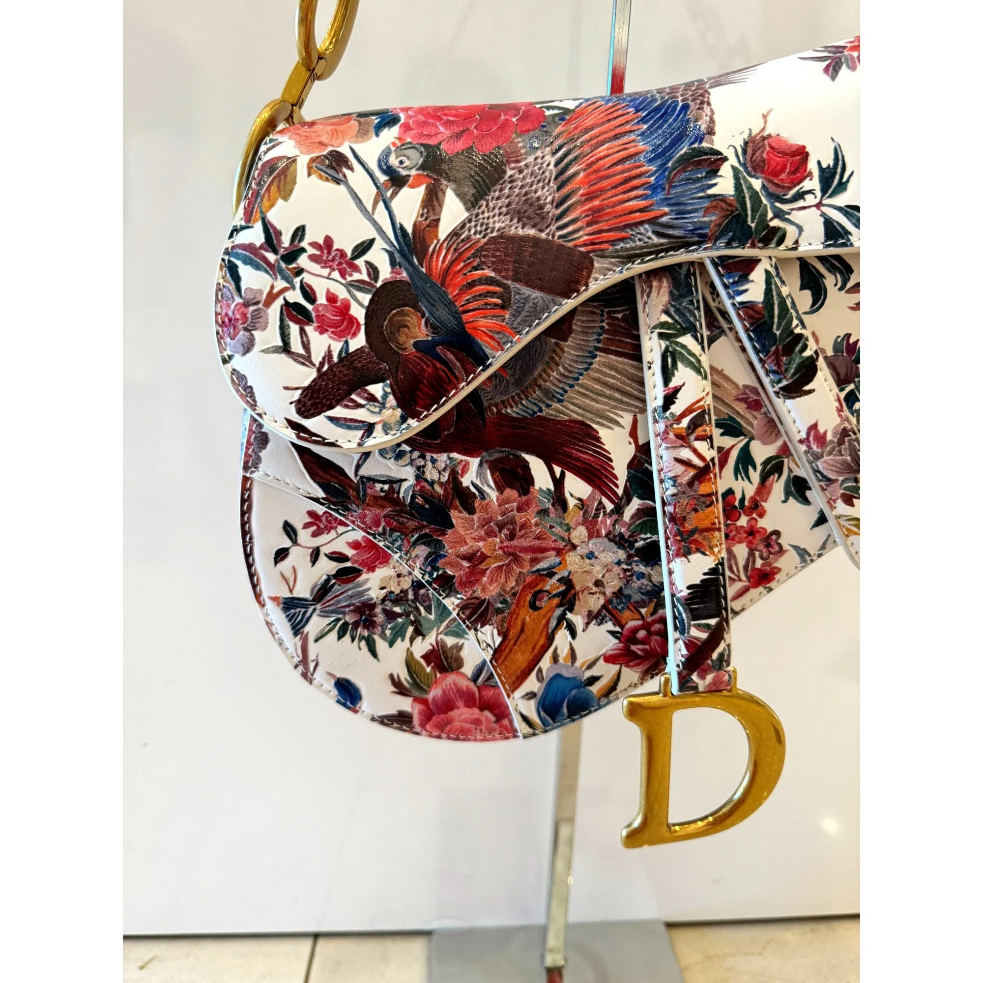 Dior Floral and Bird Print Leather Saddle Bag