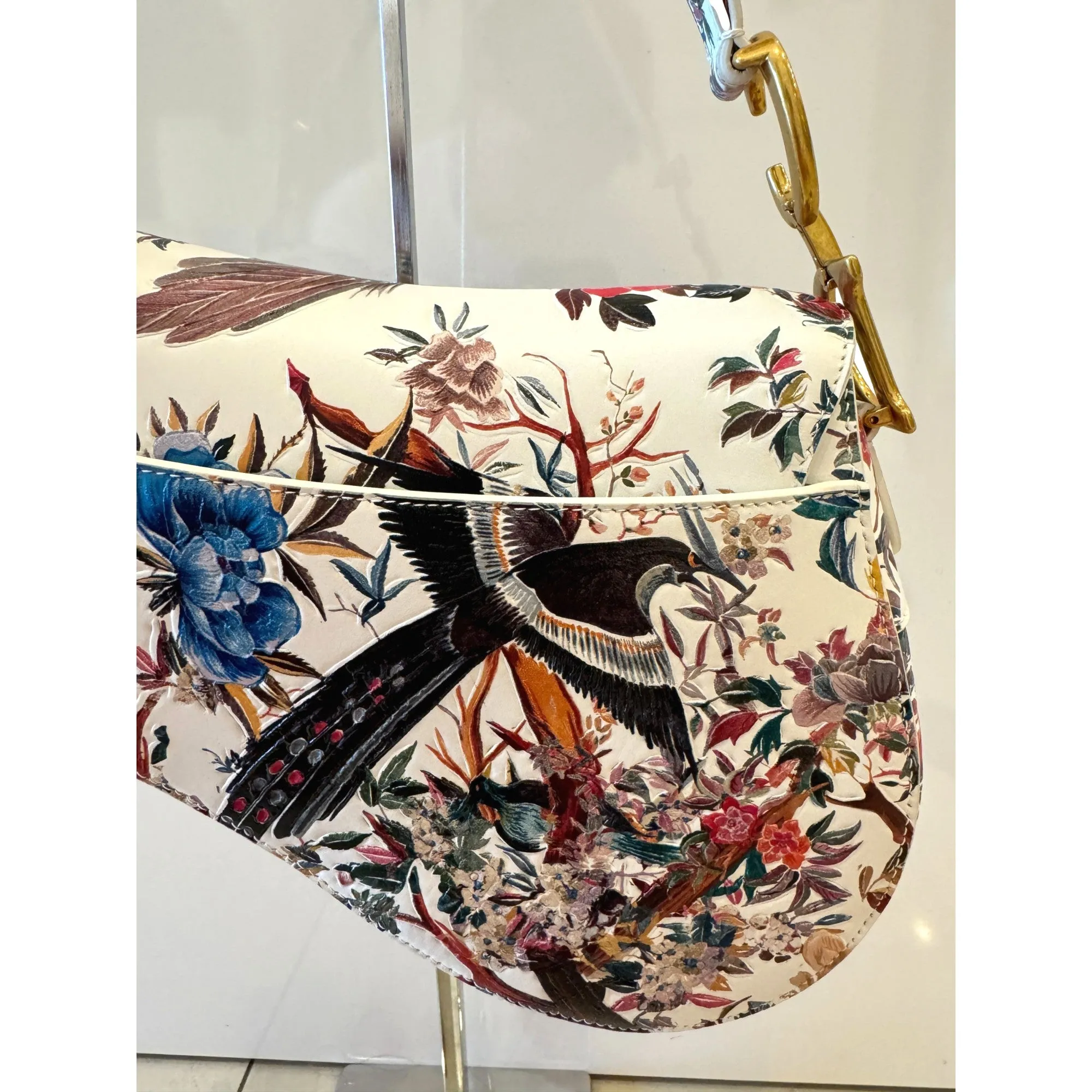 Dior Floral and Bird Print Leather Saddle Bag