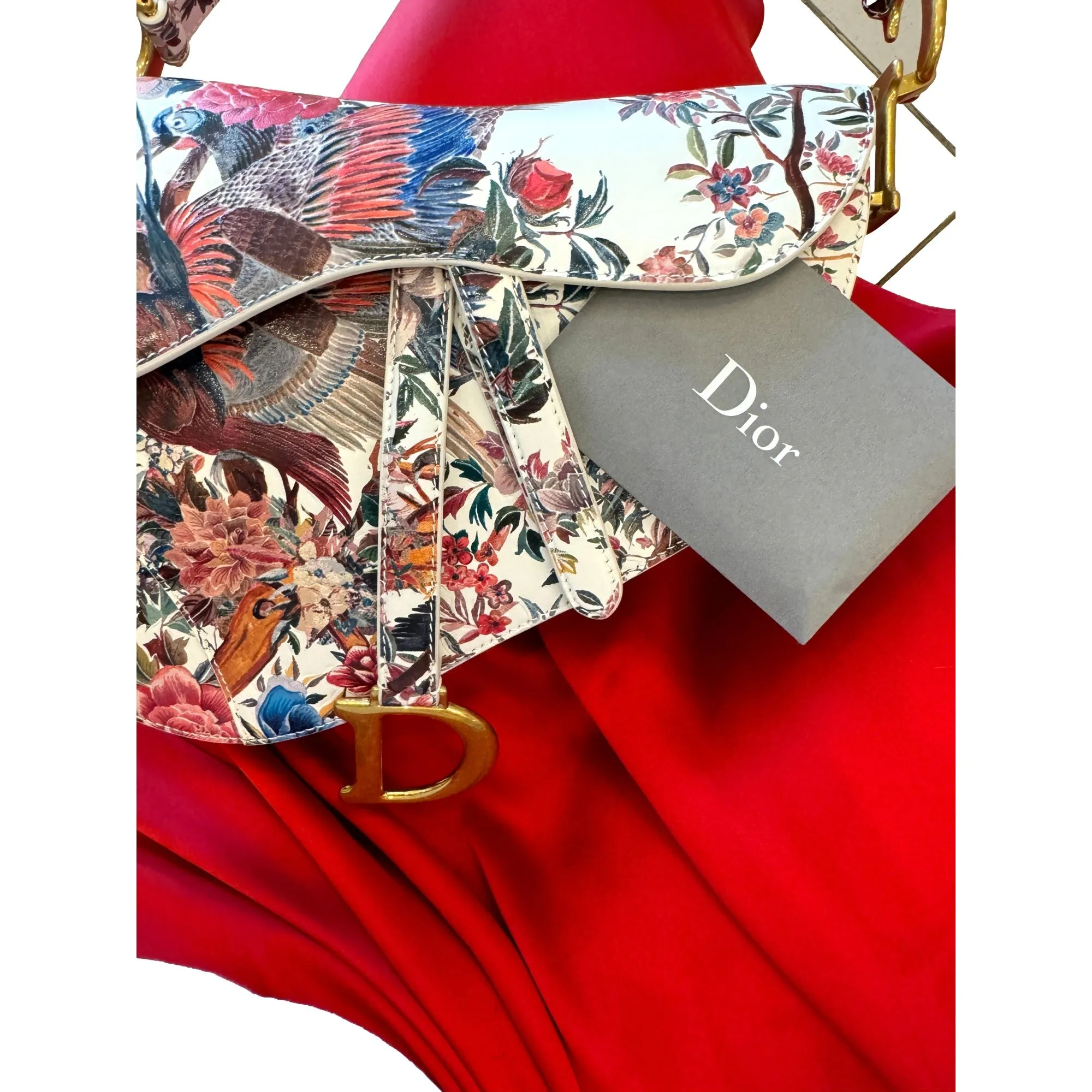 Dior Floral and Bird Print Leather Saddle Bag