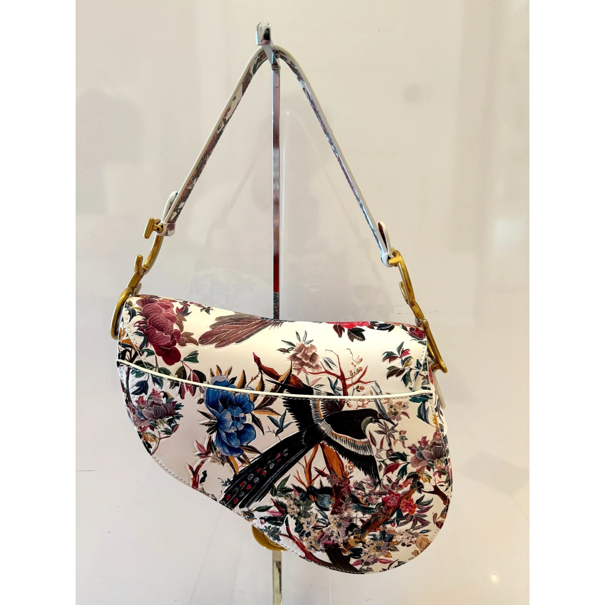 Dior Floral and Bird Print Leather Saddle Bag