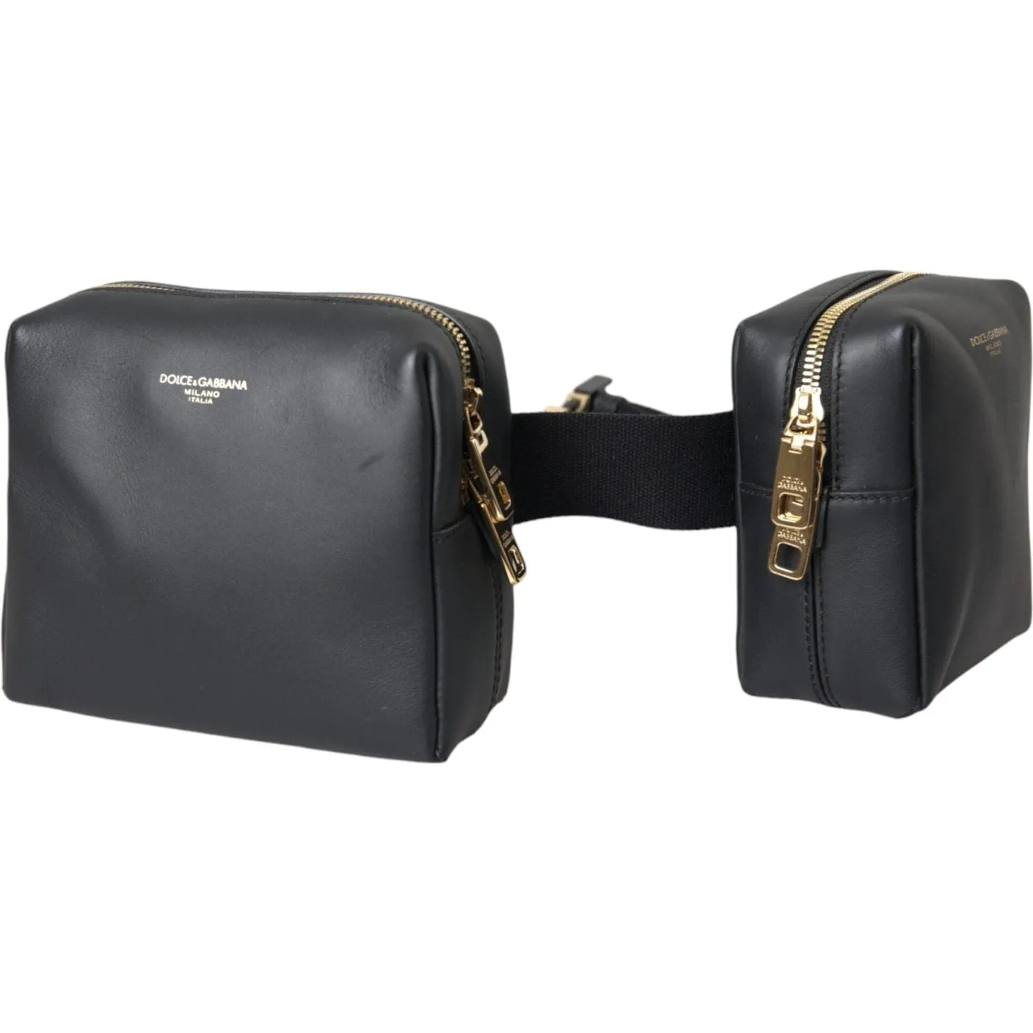 Dolce & Gabbana Black Calfskin Leather Double Waist Belt Fanny Pack Bag