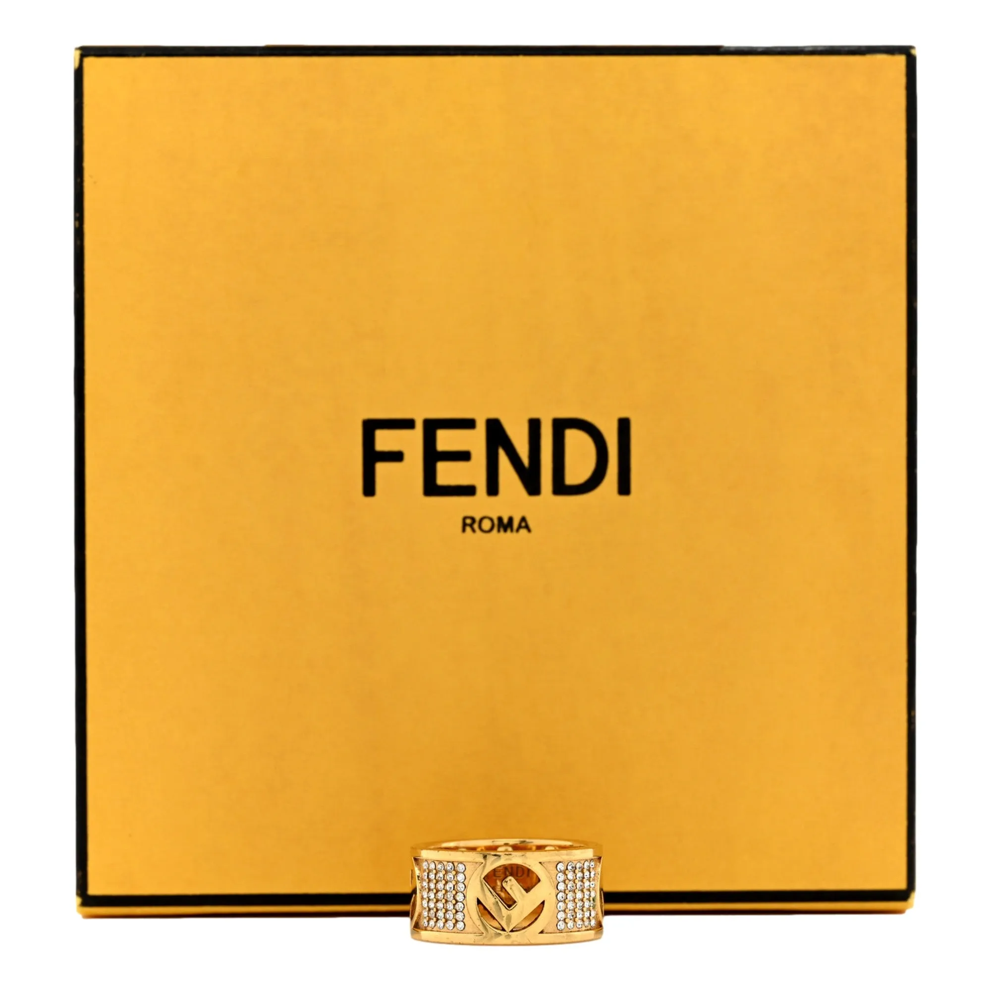 Fendi F is Fendi Logo Ring Wide Band Crystal Gold Metal Size Small