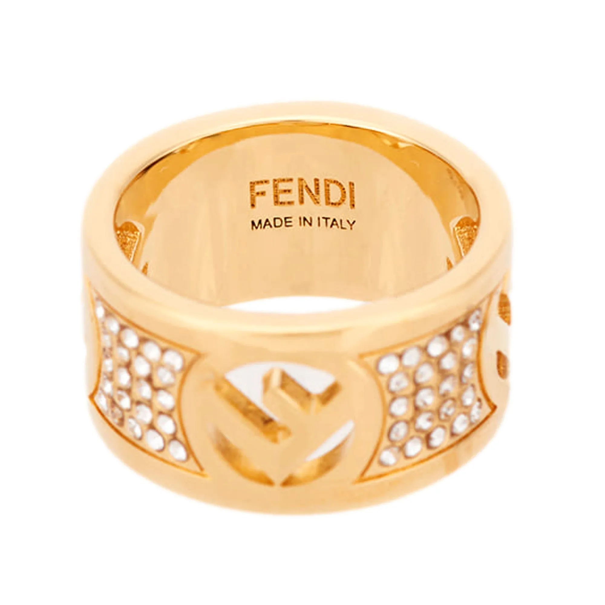 Fendi F is Fendi Logo Ring Wide Band Crystal Gold Metal Size Small