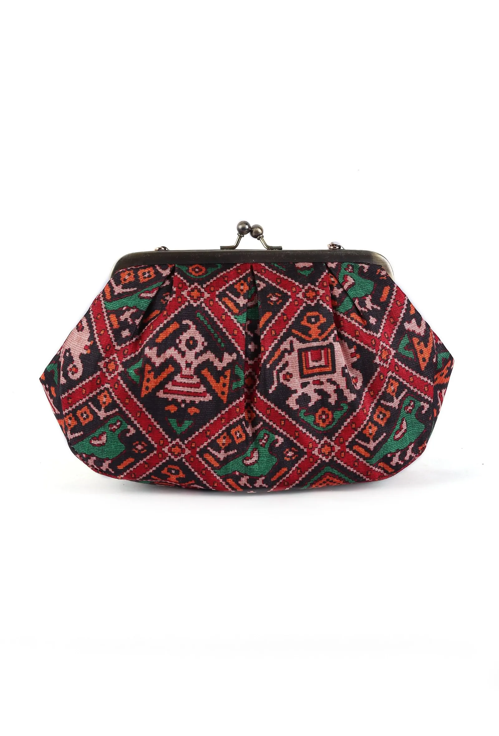 Green, Red & Multi Silk Patola Print Clutch