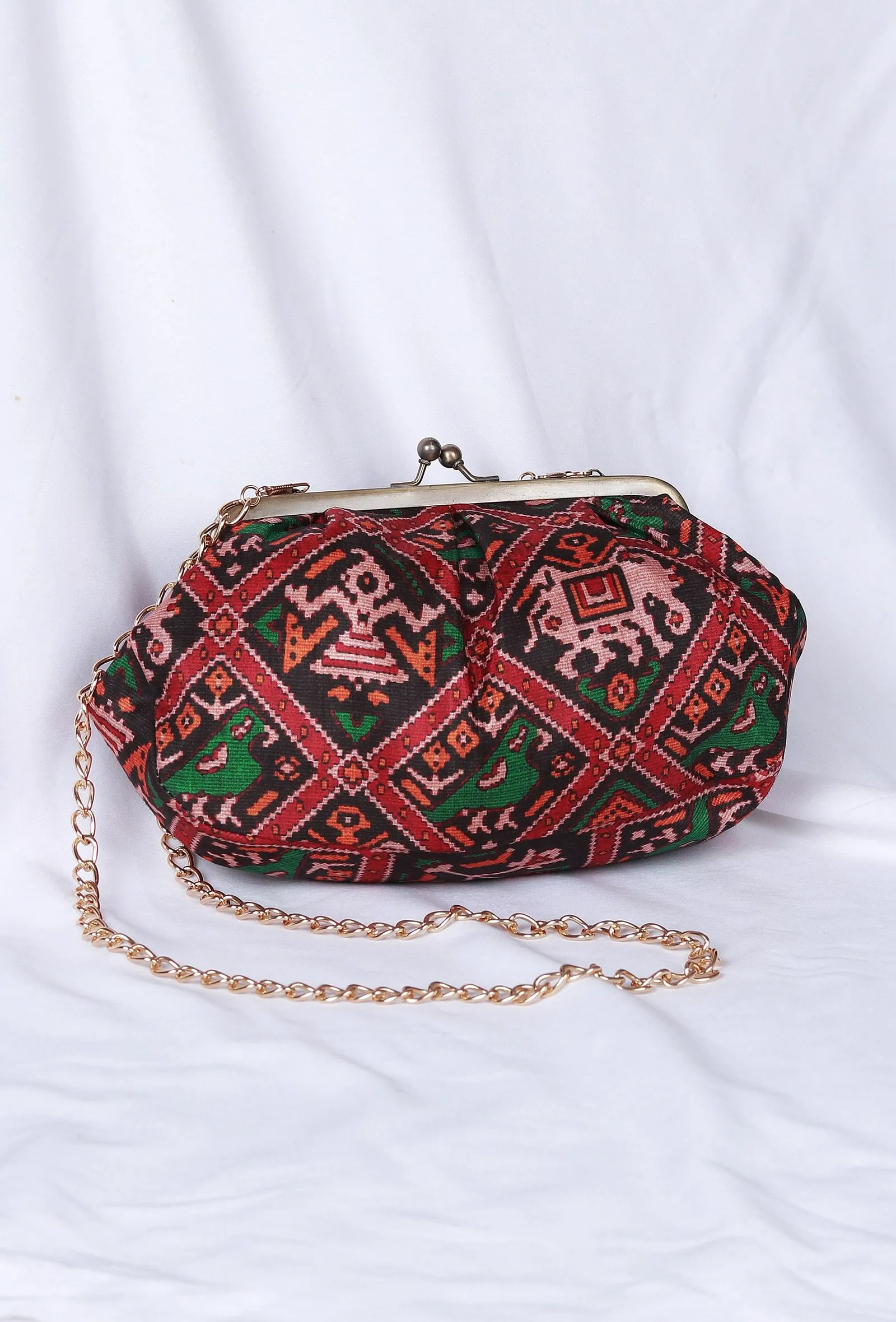 Green, Red & Multi Silk Patola Print Clutch