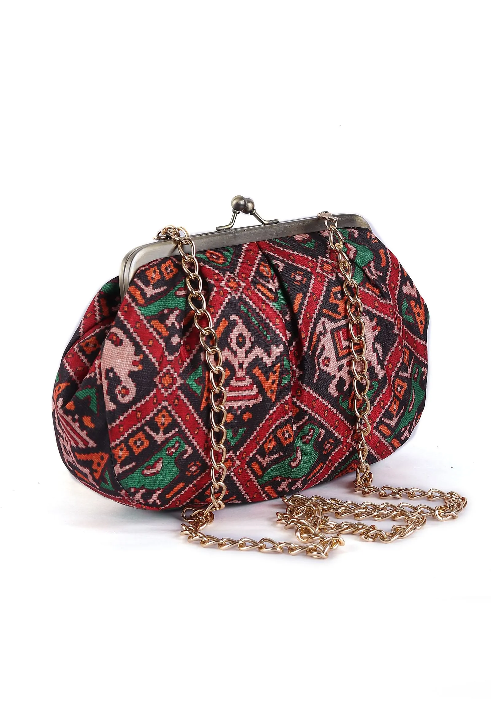 Green, Red & Multi Silk Patola Print Clutch