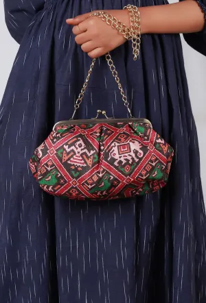 Green, Red & Multi Silk Patola Print Clutch