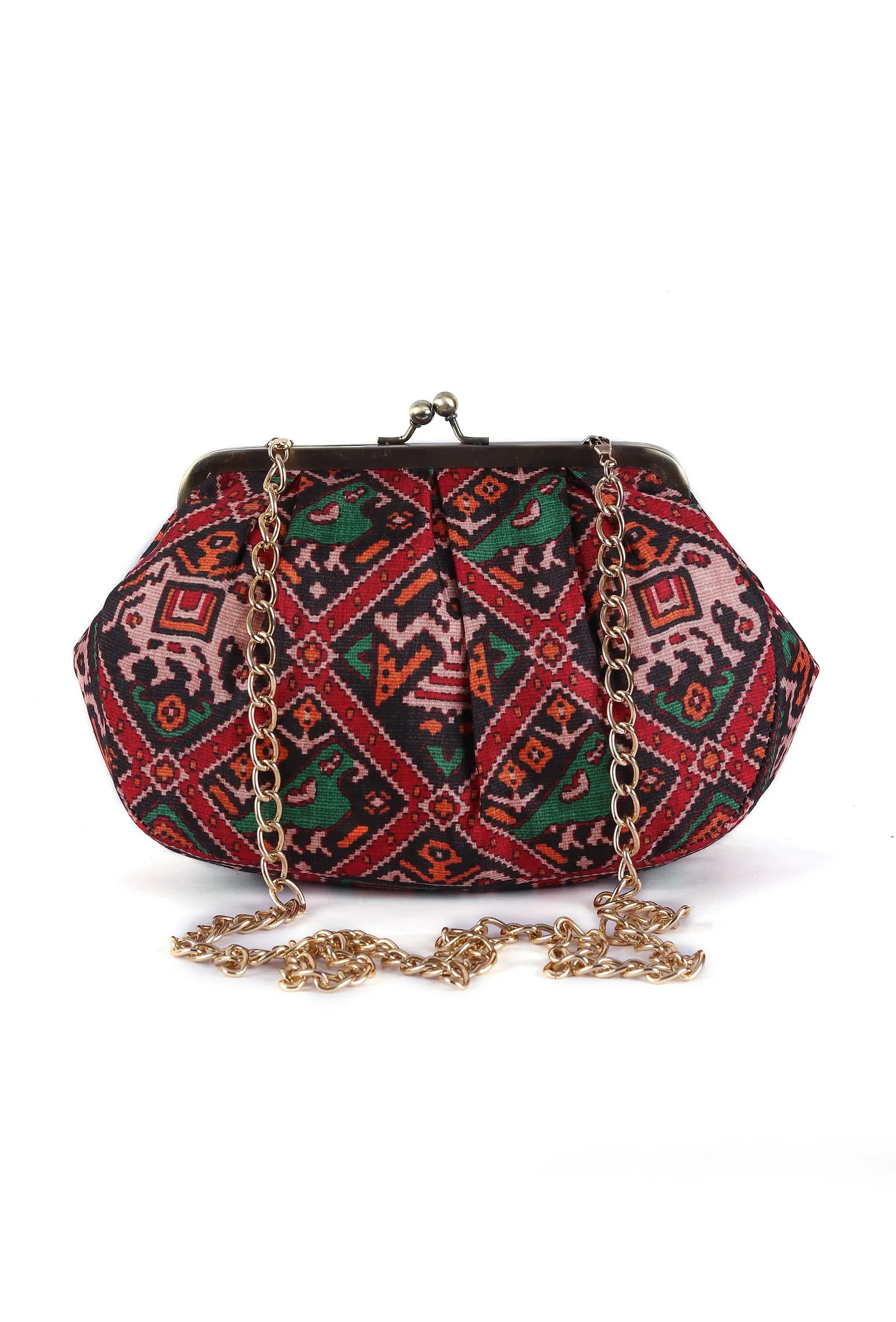 Green, Red & Multi Silk Patola Print Clutch