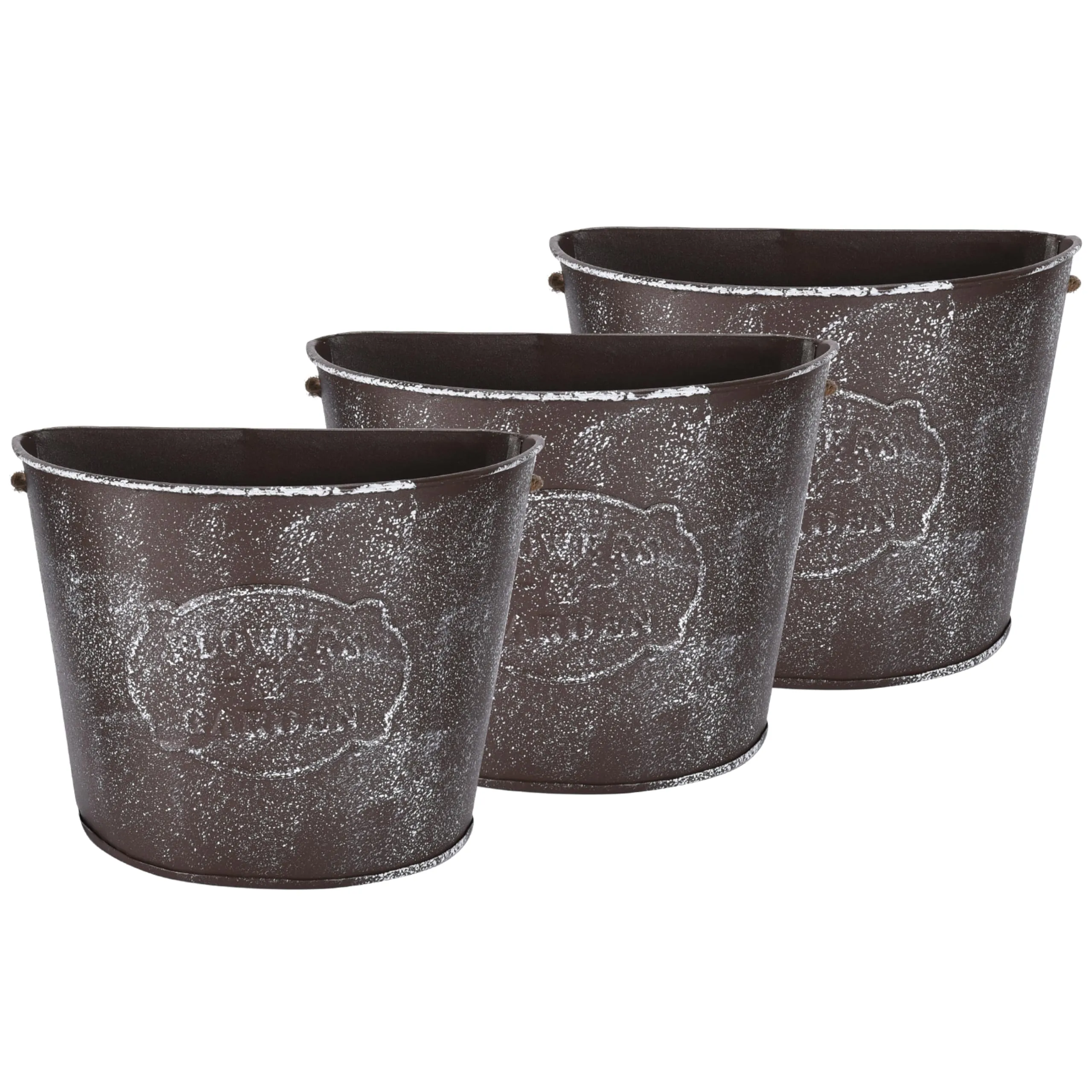 Greyish Brown Galvanized Flower Vases Bucket Set Of 3 - Metal Planters