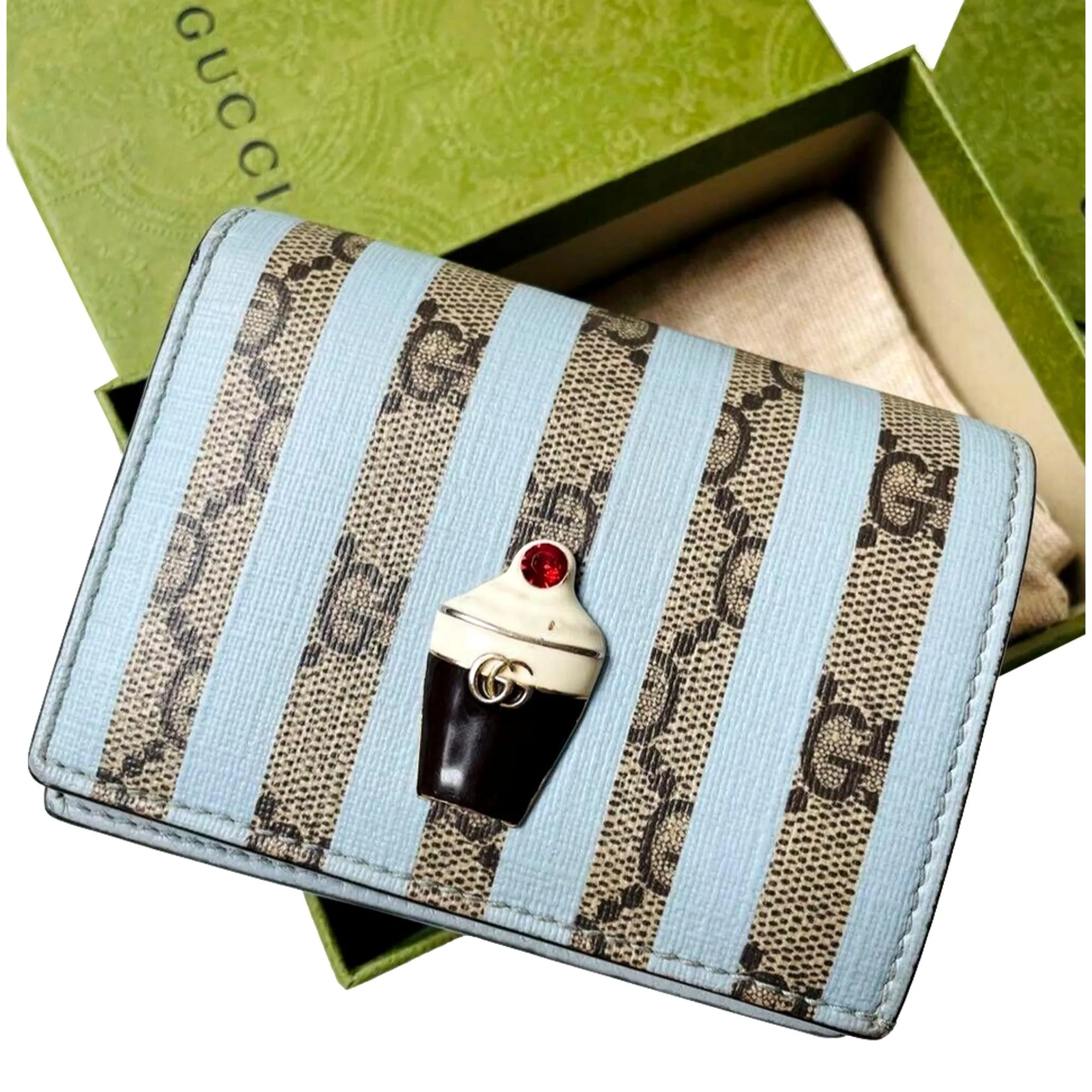 Gucci GG Monogram Canvas Ice Cream Blue Stripes Compact Folio Wallet