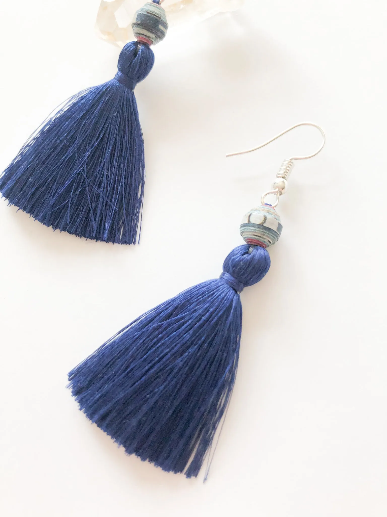 Handmade Recycled Paper & Silk Tassel Earrings Supporting Disabled Women in Laos