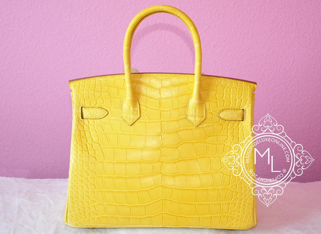 Hermes Mimosa Yellow GHW Crocodile Alligator Birkin 30 Handbag