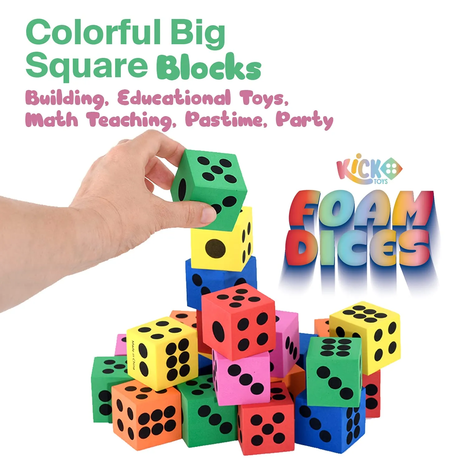 Kicko Foam Dice Set - 24 Pack of Assorted Colorful Big Square Blocks - Perfect