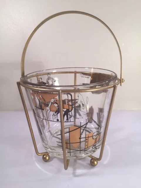 Mid-Century 22-Karat Gold and Black Mad Men Advertising Glass Ice Bucket with Carrier