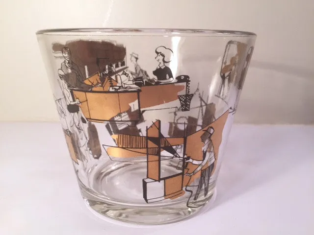 Mid-Century 22-Karat Gold and Black Mad Men Advertising Glass Ice Bucket with Carrier