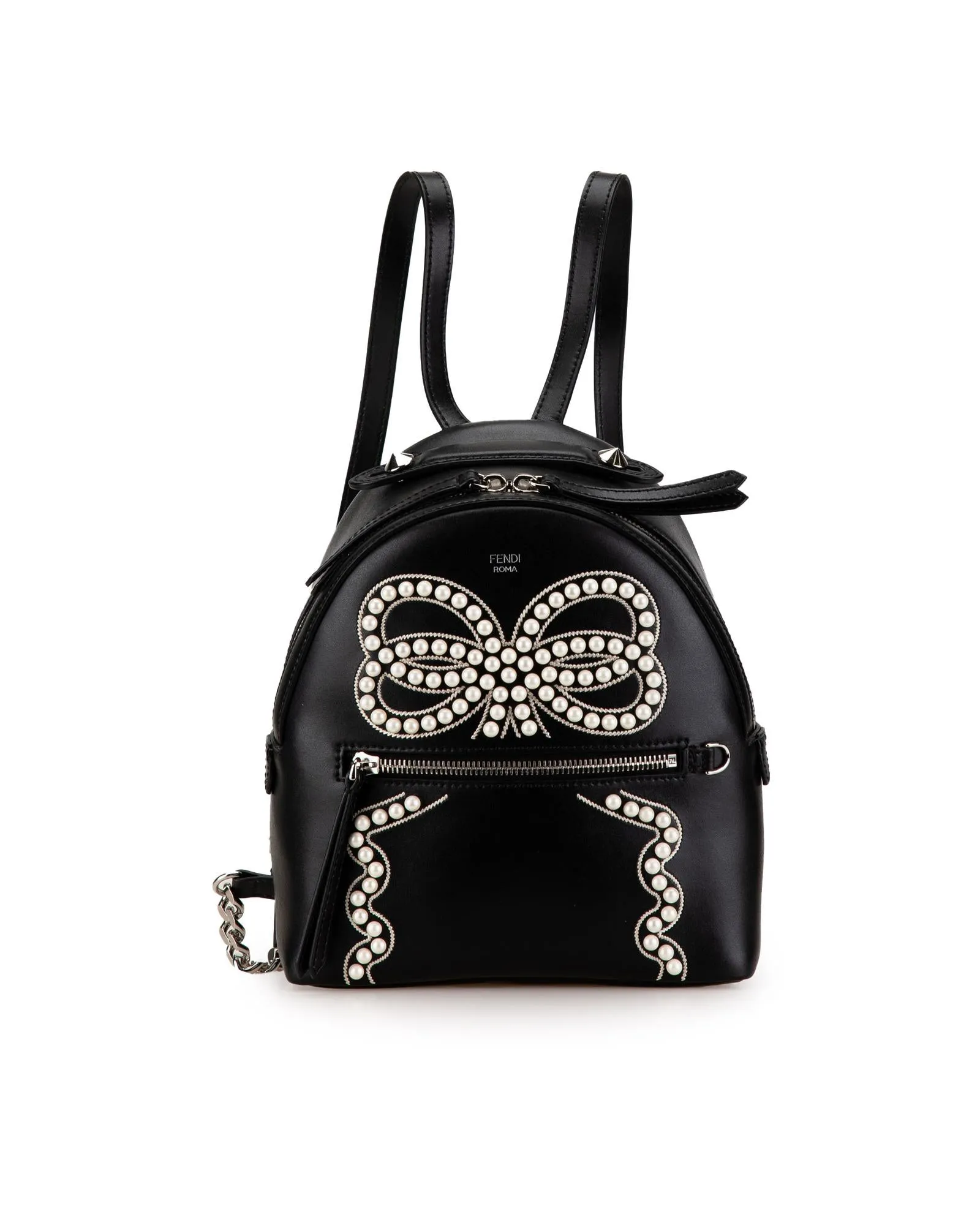 Mini Leather Ribbon Pearl Backpack with Top Zip Closure