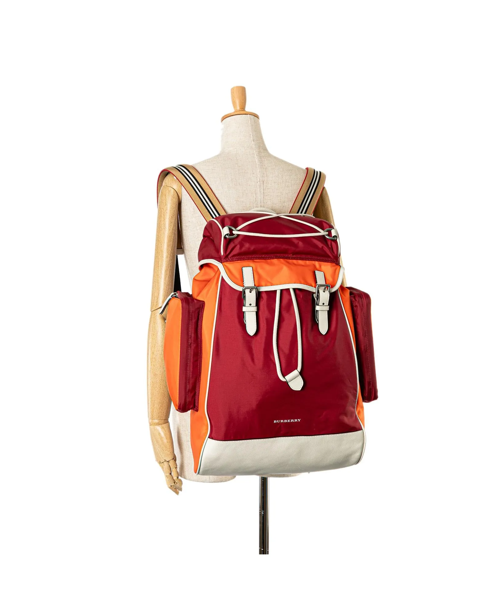 Nylon Backpack with Leather Trim and Multiple Pockets