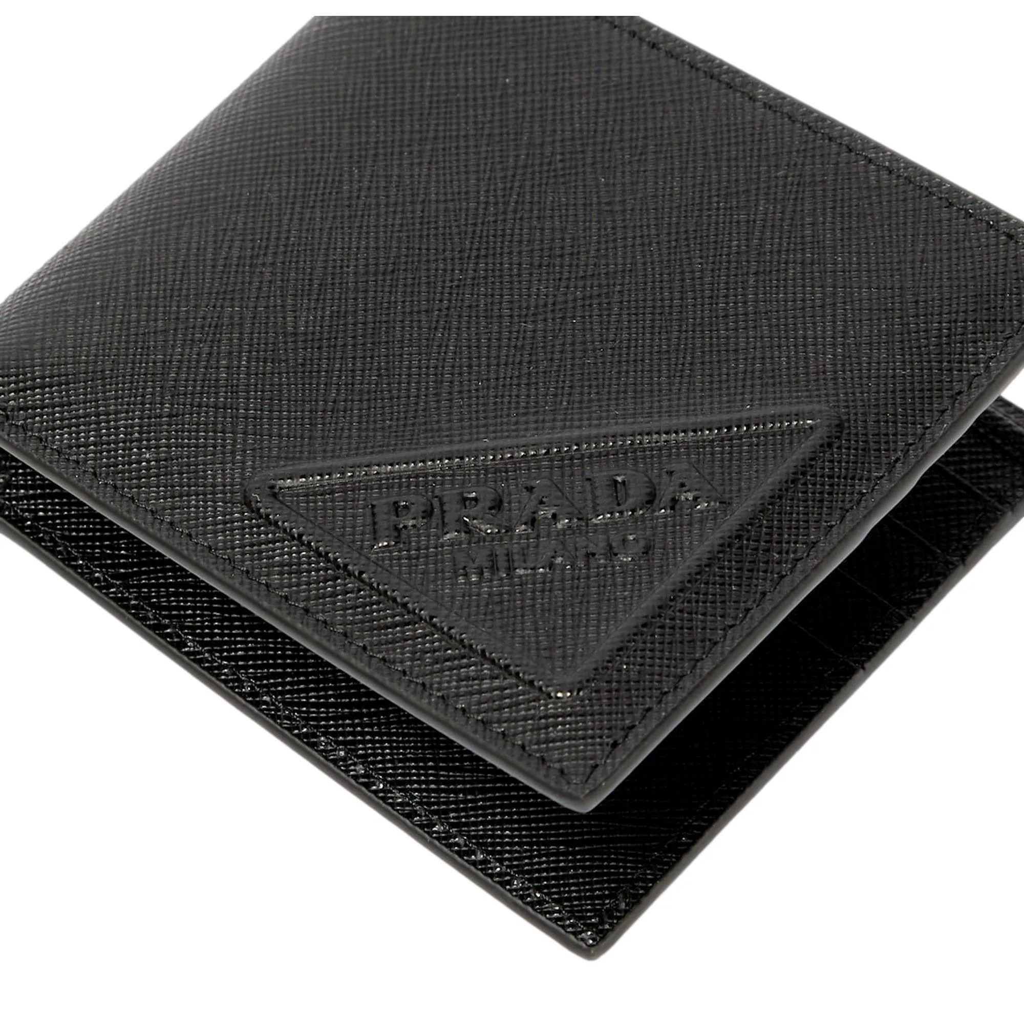 Prada Saffiano Leather Bifold Card Wallet Triangle Embossed Logo Black