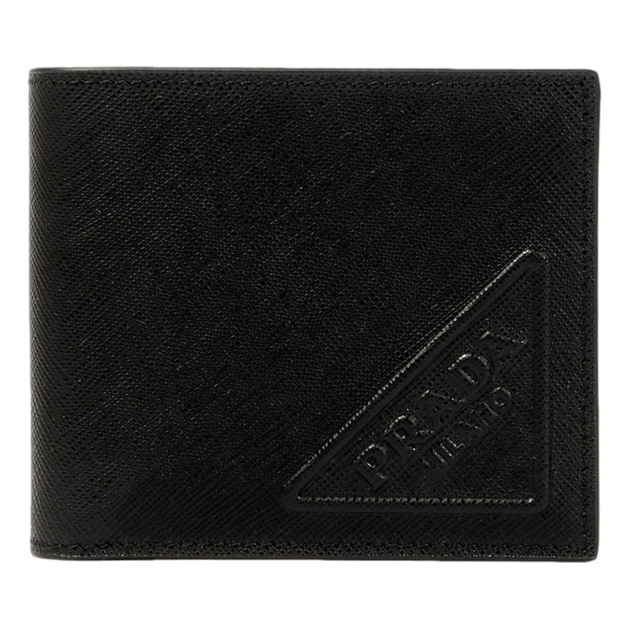 Prada Saffiano Leather Bifold Card Wallet Triangle Embossed Logo Black