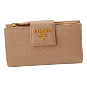 Prada Saffiano Leather Long Zipper Tri-Fold Wallet Cipria Beige Gold Prada Logo