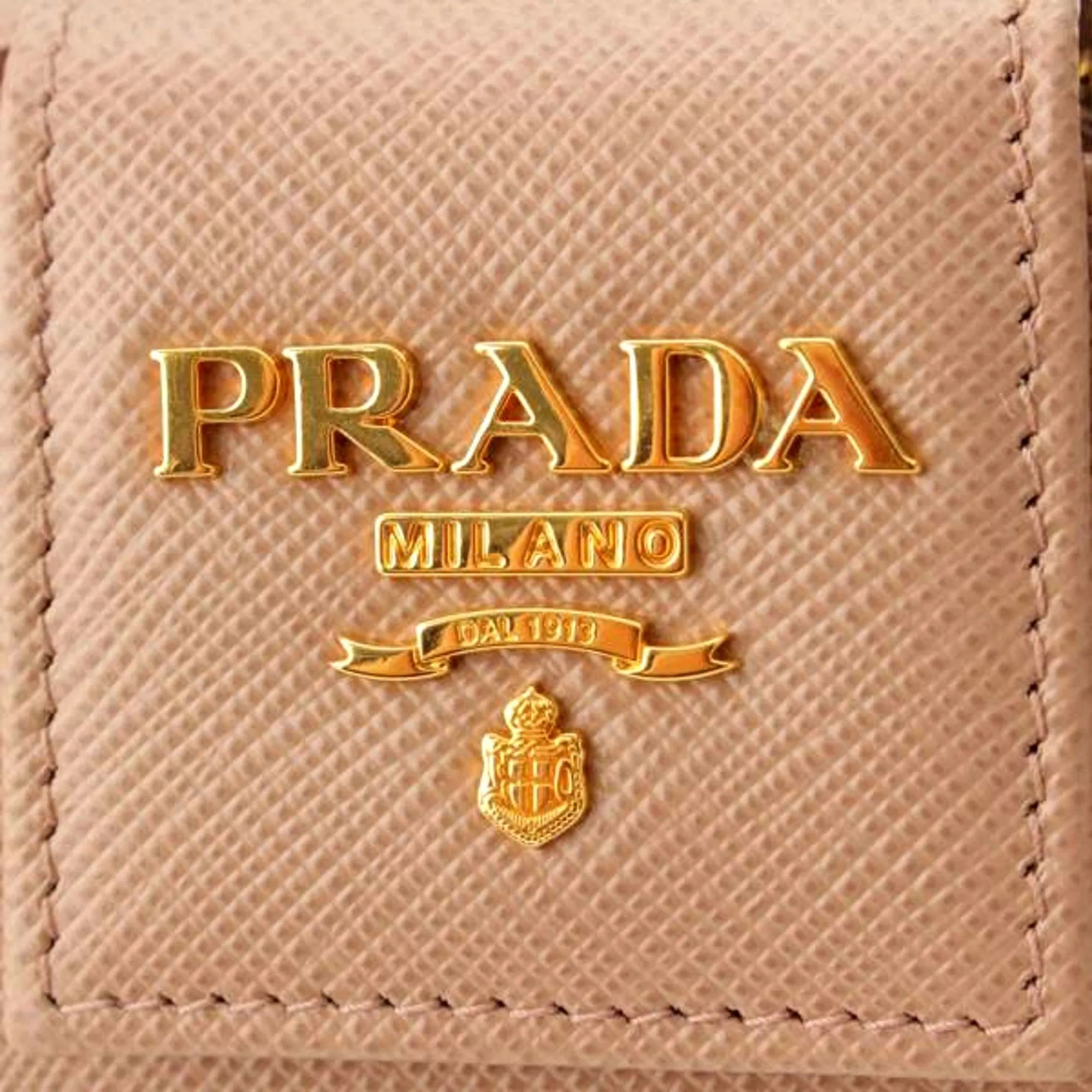 Prada Saffiano Leather Long Zipper Tri-Fold Wallet Cipria Beige Gold Prada Logo