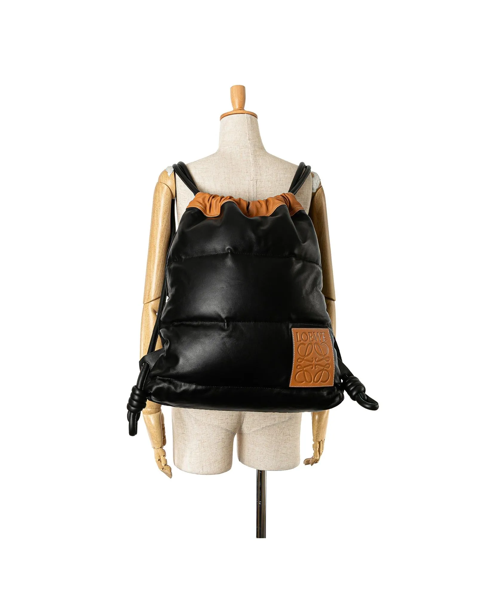 Quilted Leather Puffy Backpack with Drawstring Closure