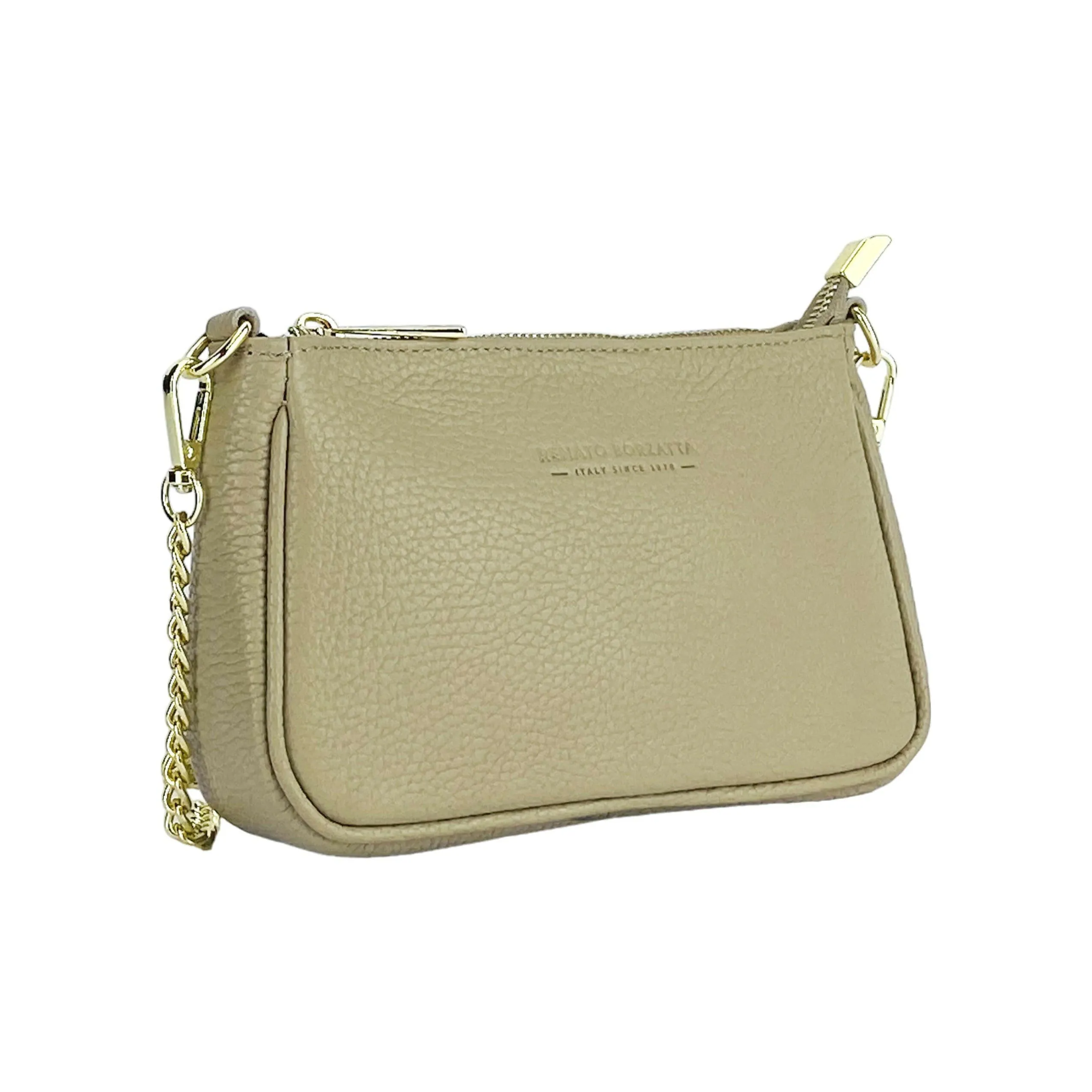 RB1022AQ | Small bag in genuine leather Made in Italy with removable chain shoulder strap. Zipper closure and shiny gold metal accessories - Taupe color - Dimensions: 20 x 12 x 6 cm