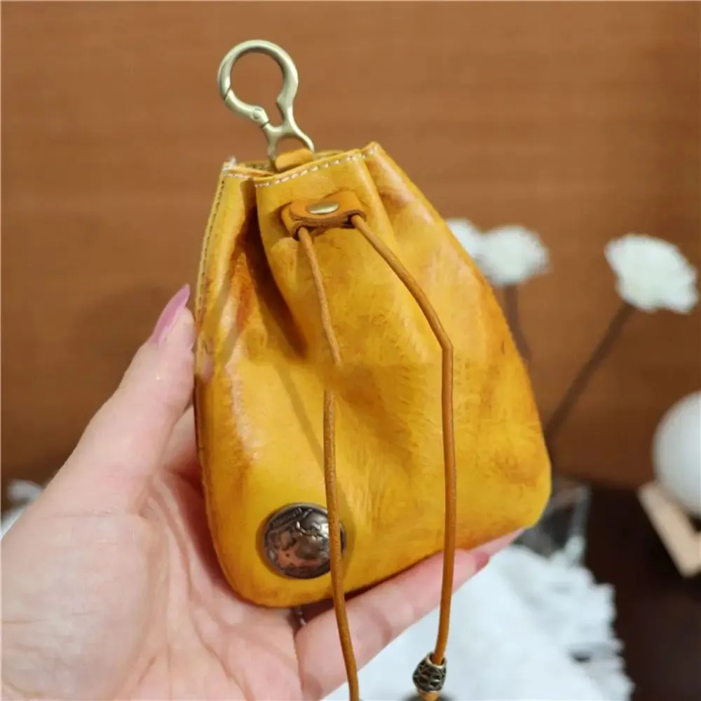 Retro Genuine Leather Bag Coin Purse Drawstring Key Wallets Fashion Women Men Housekeeper Card Key Holders