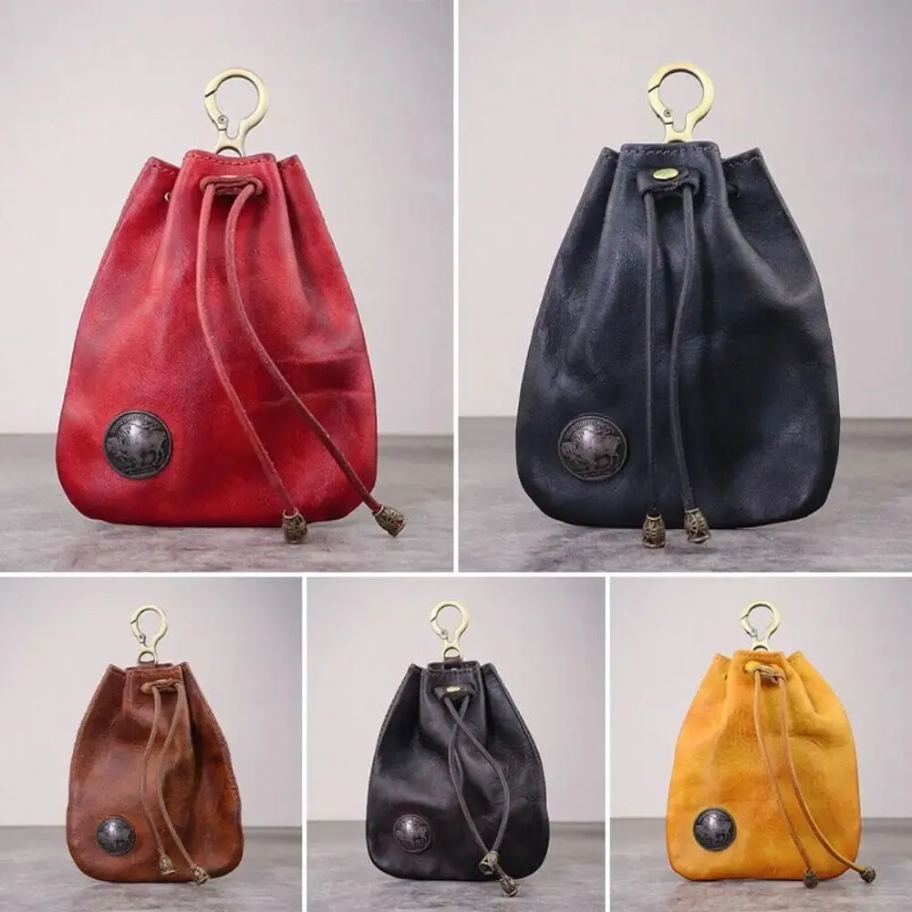 Retro Genuine Leather Bag Coin Purse Drawstring Key Wallets Fashion Women Men Housekeeper Card Key Holders