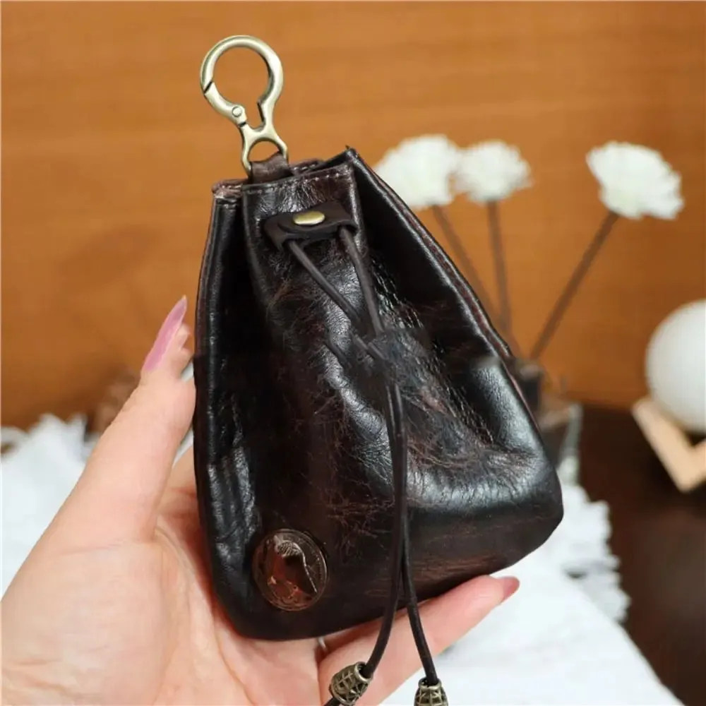 Retro Genuine Leather Bag Coin Purse Drawstring Key Wallets Fashion Women Men Housekeeper Card Key Holders